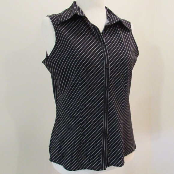 Fred David Stretch B&W Striped V-neck Collared Sleeveless Button Up Blouse - Picture 1 of 13
